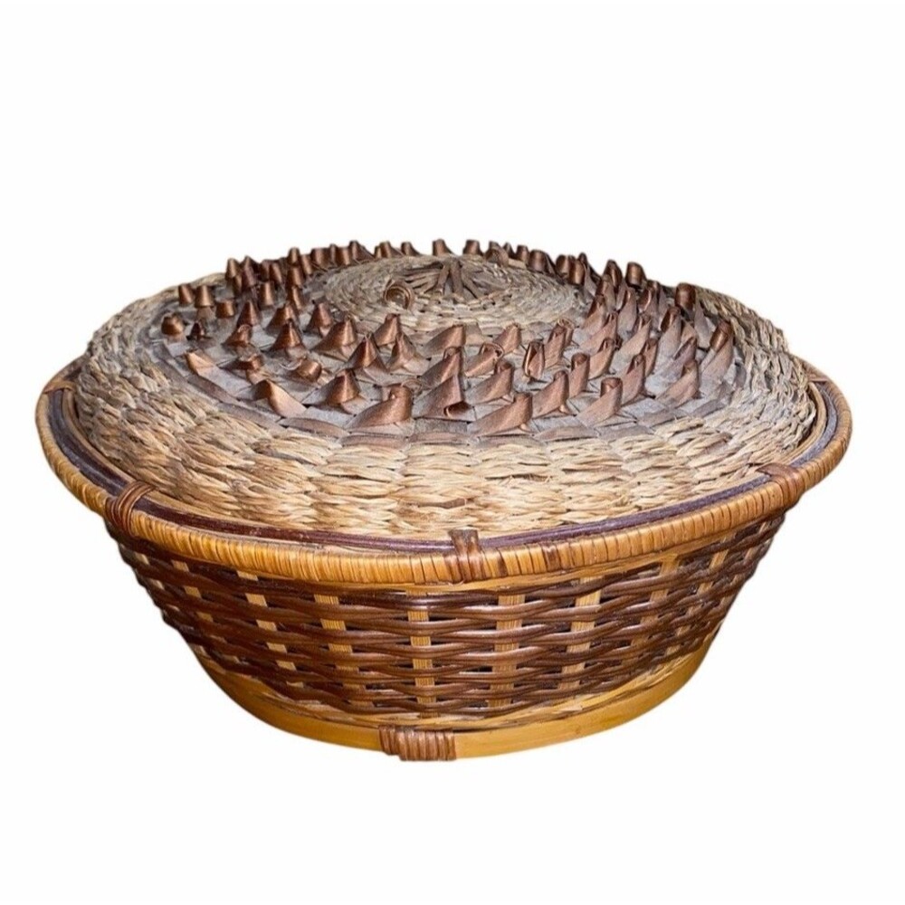 Vintage Native American Wabanaki Ash Splint Sweetgrass Porcupine Curl Basket Lid